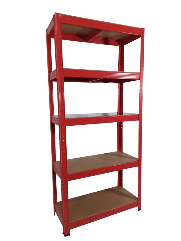 Red heavy-duty shelves, side 1. Samson shelves store.