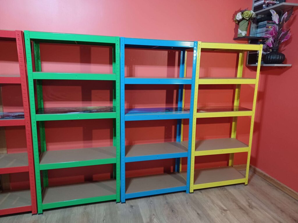 Colourful heavy-duty shelves by Samson shelves Ltd